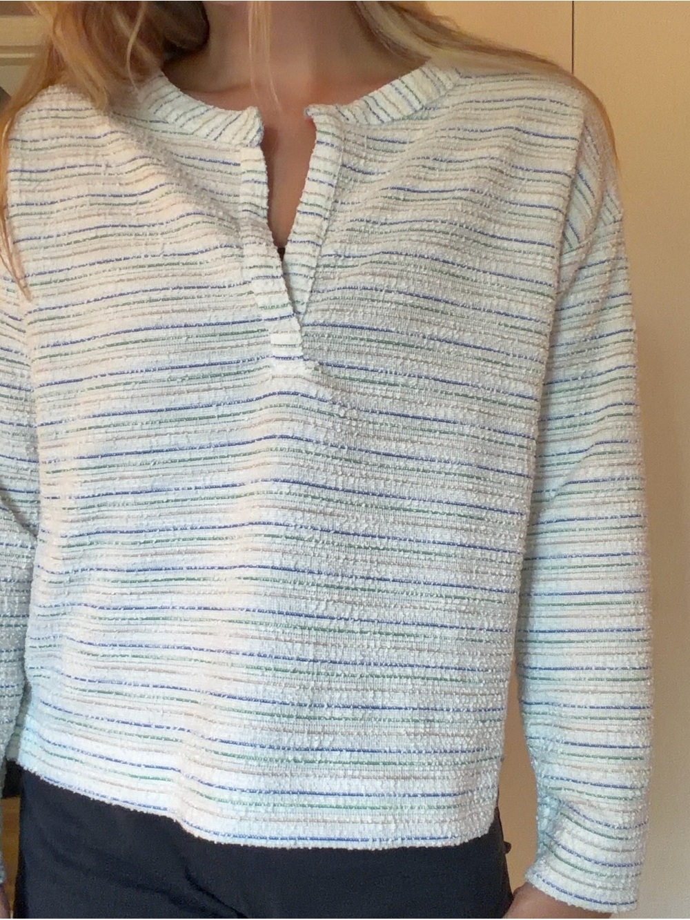 LOFT Cream Striped Long-Sleeve V-Notch Knit Top - Picture 2 of 6